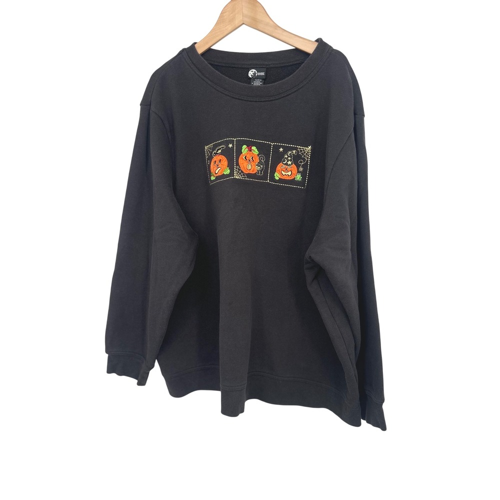 Holiday Editions Sweatshirt Women 2X Black Halloween Embroidered Pumpkin Fall